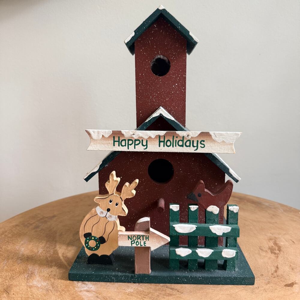 Christmas Wooden Birdhouse Decor Happy Holidays North Pole Reindeer